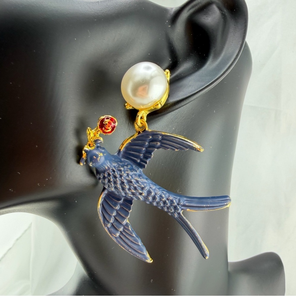 Blue Swallow Pearl Drop Earrings Statement Gold - Picture 8 of 14